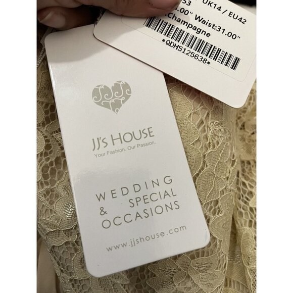 JJ’S House Dress Women 12 Formal Gown Champagne Lace Slit Long Lined Button Back - Picture 12 of 13